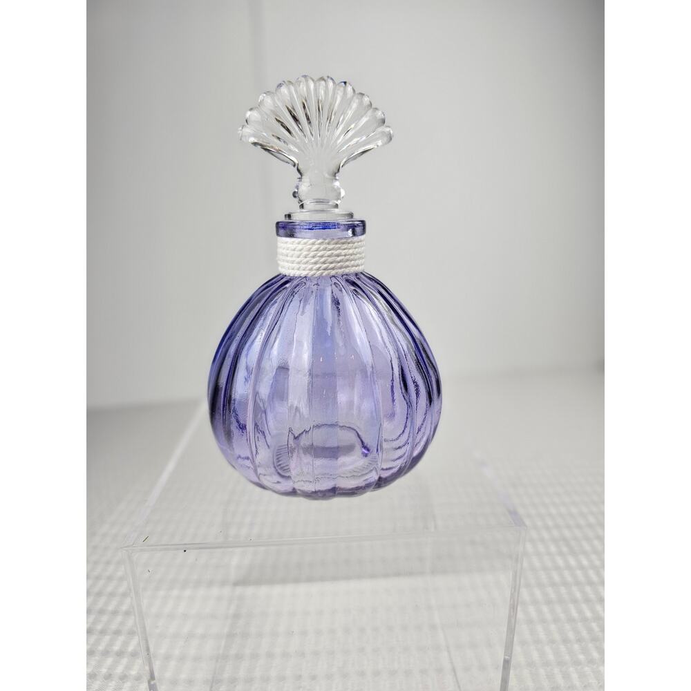 Lavender Ribbed Glass Perfume‎ Bottle with Clear Seashell Stopper Coastal Decor